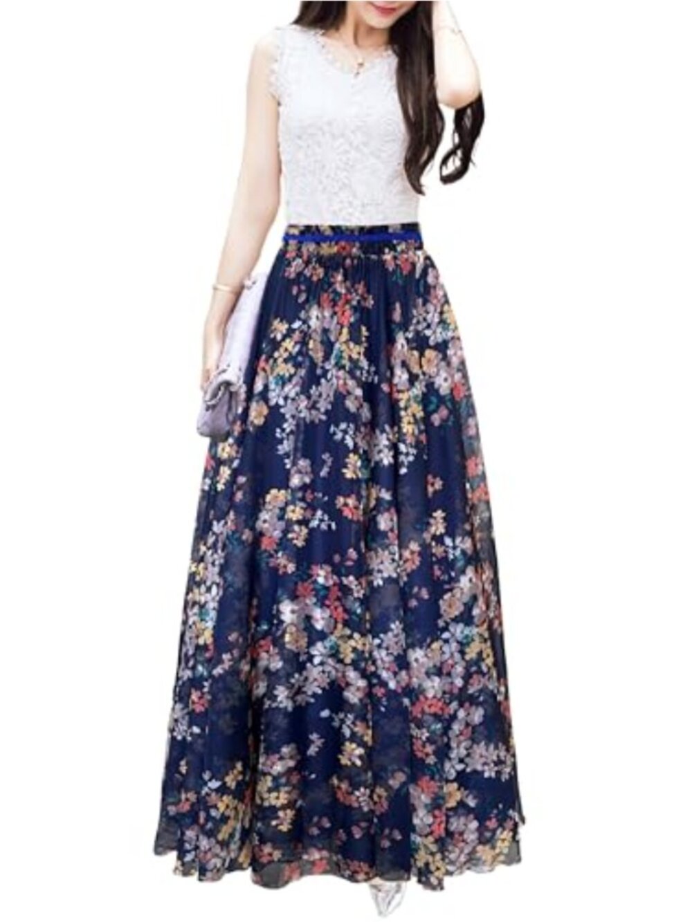 Floral Print Pleated Chiffon Maxi Skirt Wrap Style Elastic Waist